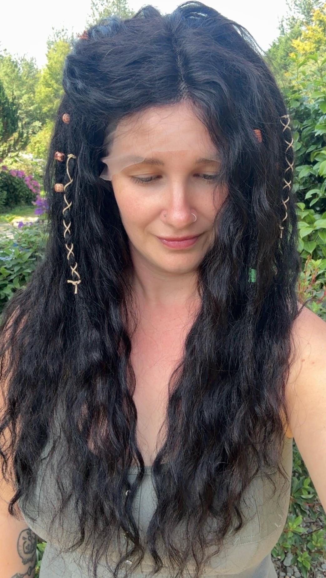 Lace Front Wig #1B 100% Human Hair With Dreadlocks Decorated Wavy Curly