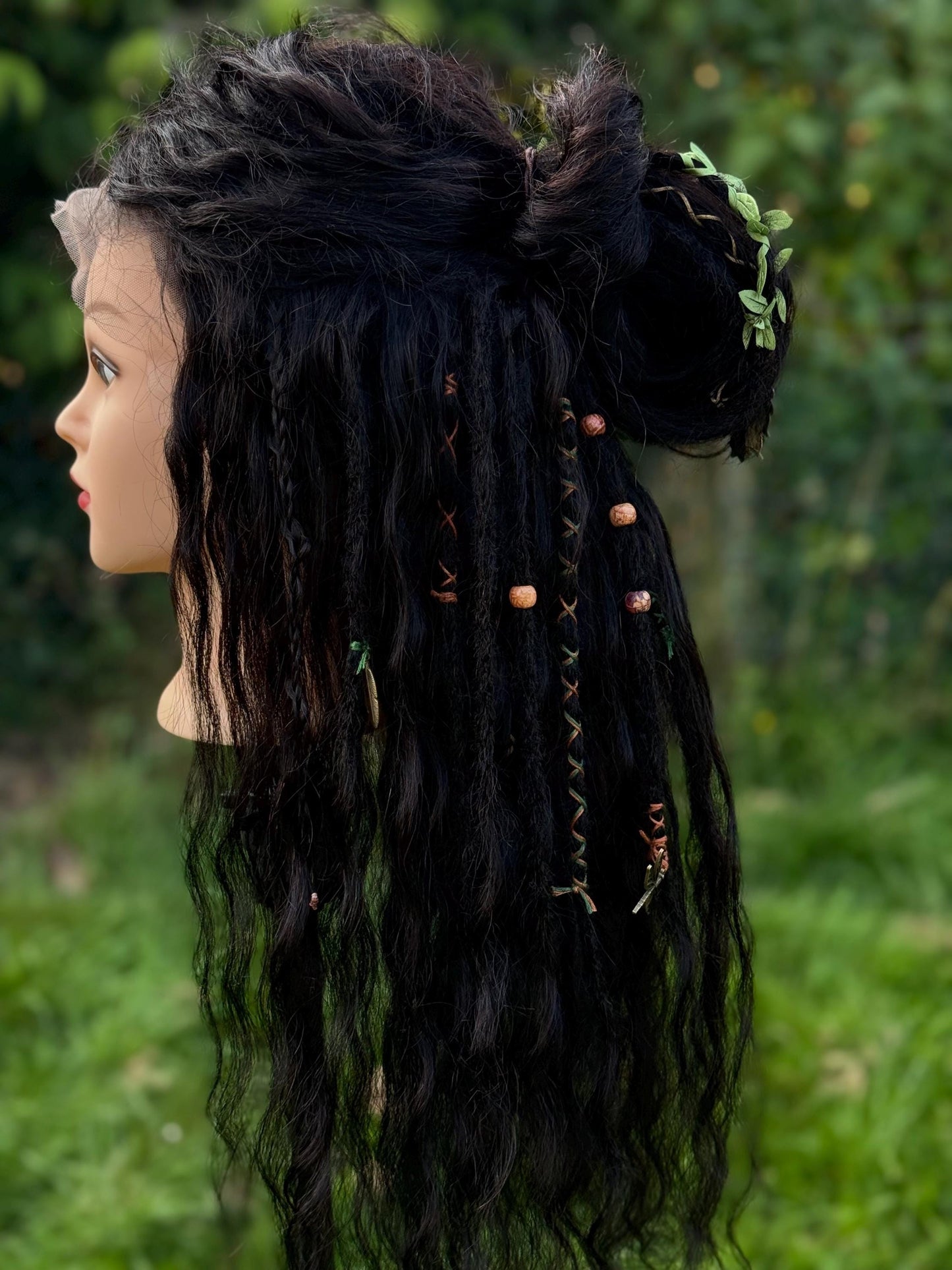 Lace Front Wig #1B 100% Human Hair With Dreadlocks Decorated Wavy Curly