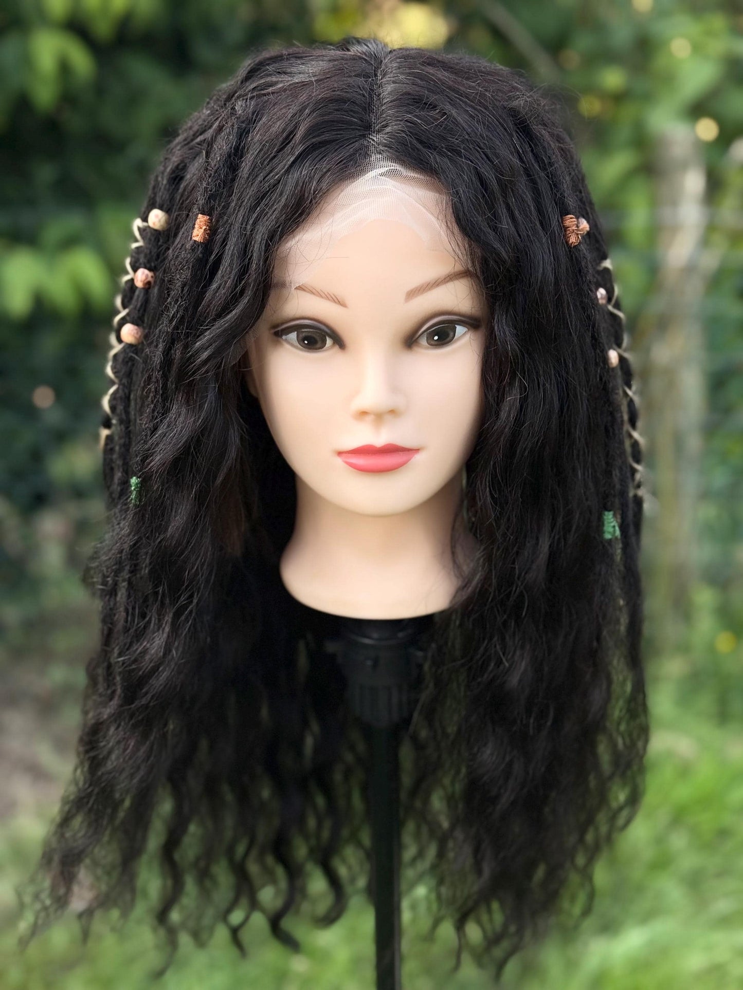 Lace Front Wig #1B 100% Human Hair With Dreadlocks Decorated Wavy Curly