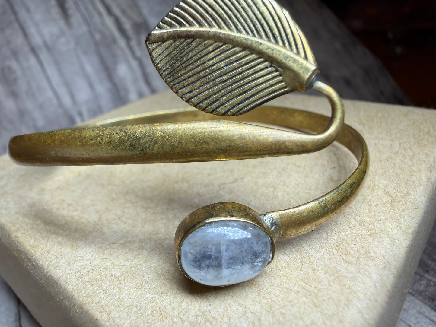 Brass Bangle with Leaf & Quartz - Ceredigion Dreadlocks