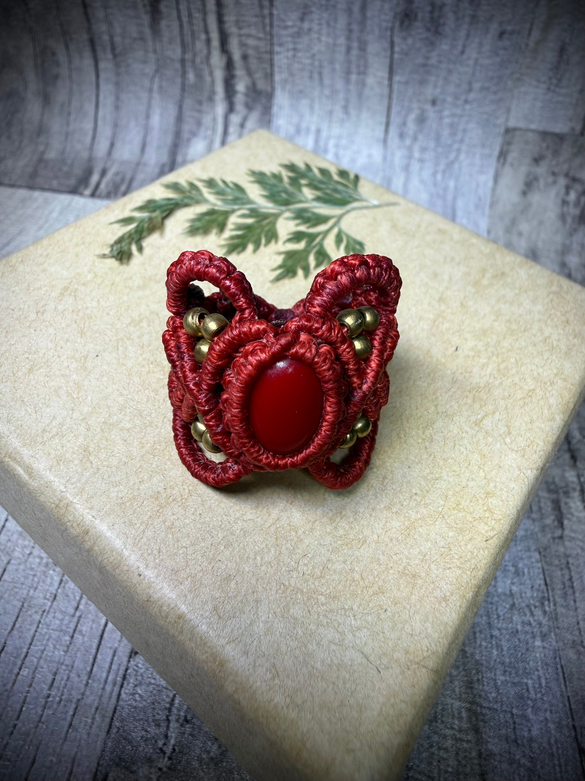 Macrame Hair Cuff / Ring - Red Beaded - Ceredigion Dreadlocks