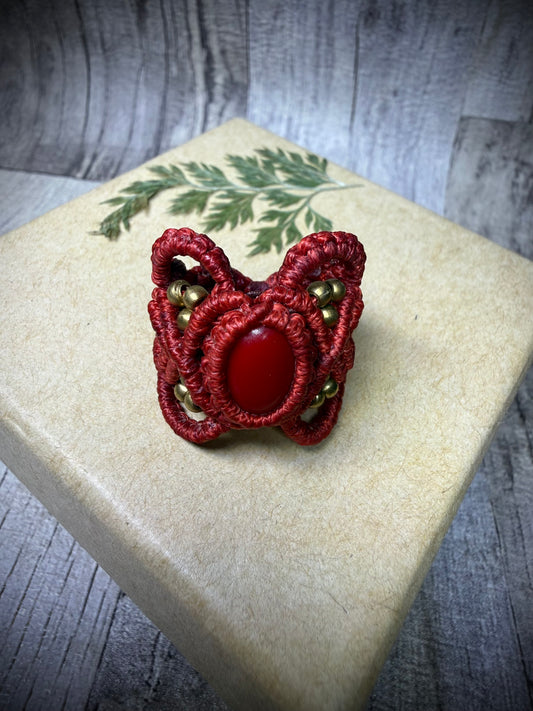 Macrame Hair Cuff / Ring - Red Beaded - Ceredigion Dreadlocks