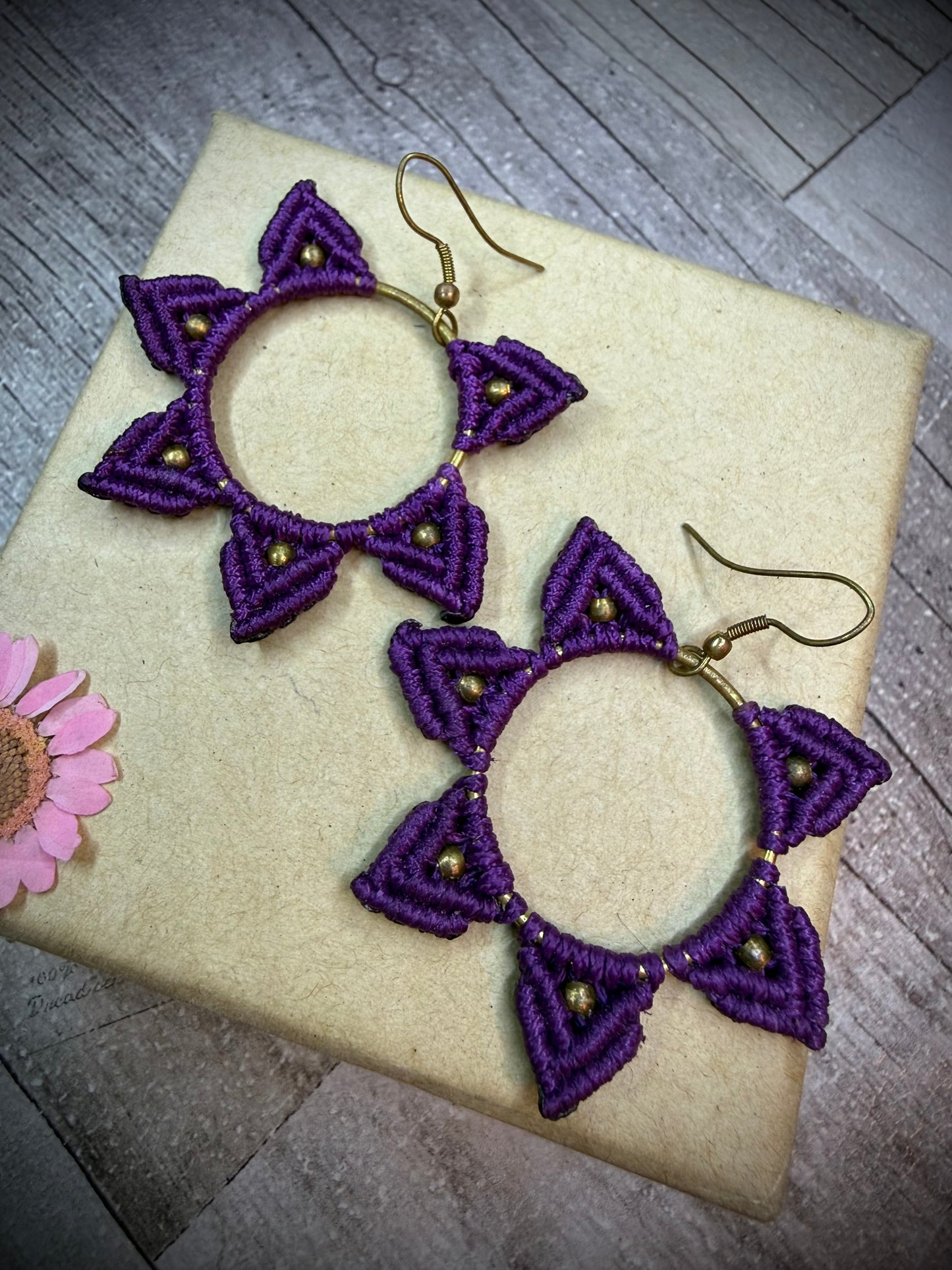 Purple Macrame Hoop Earrings
