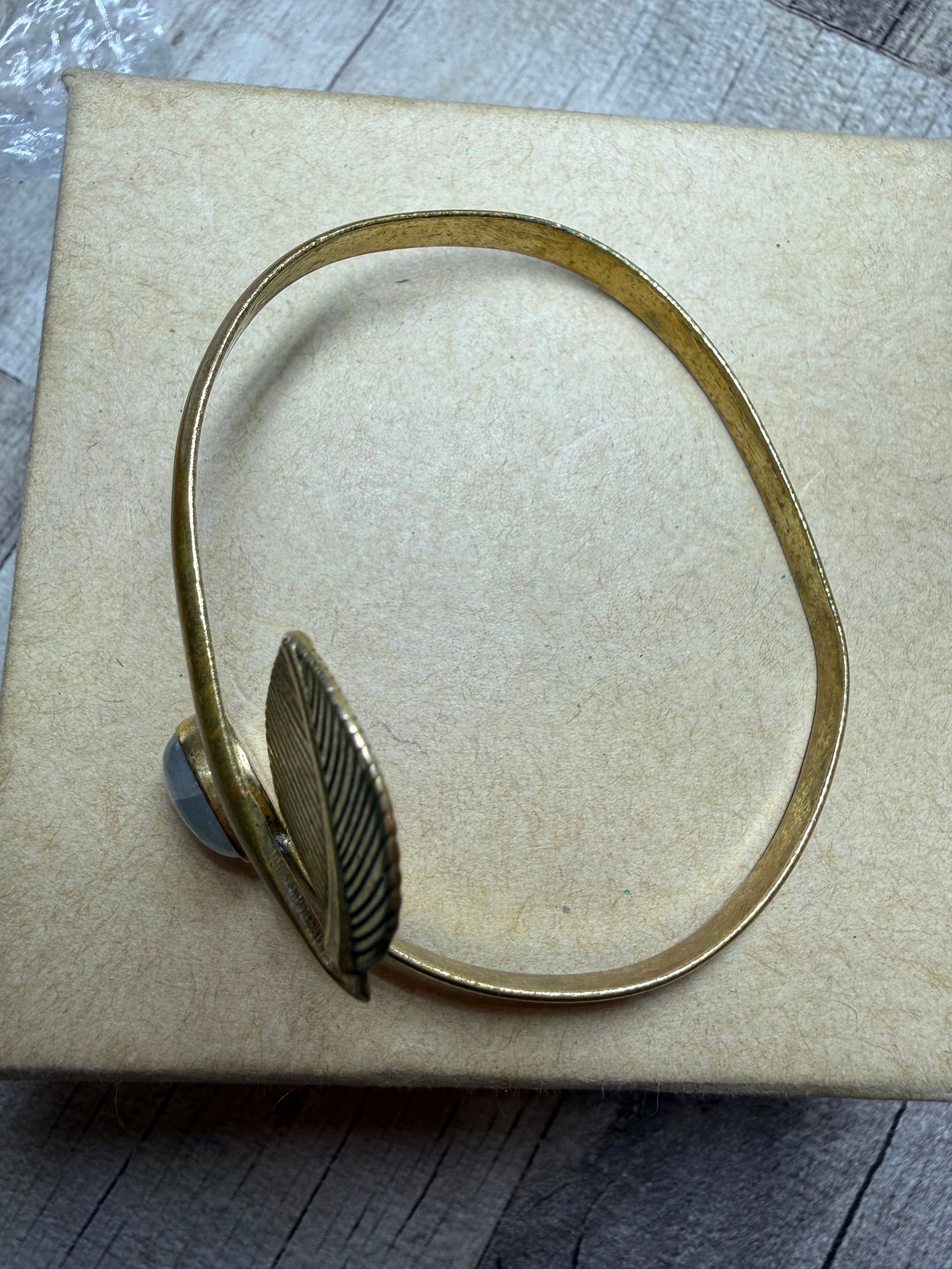 Brass Bangle with Leaf & Quartz - Ceredigion Dreadlocks