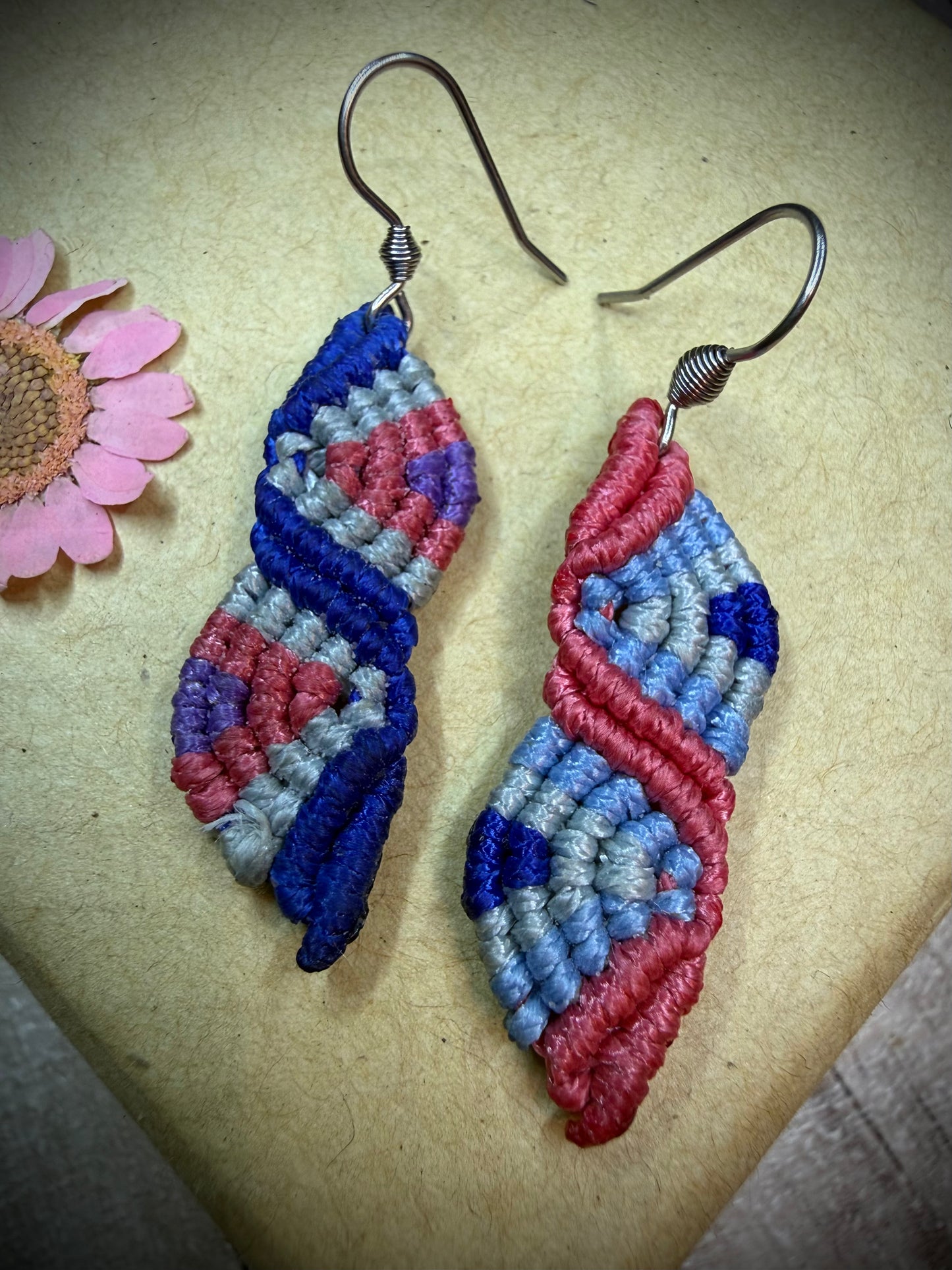 Blue & Pink Macrame Hoop Earrings