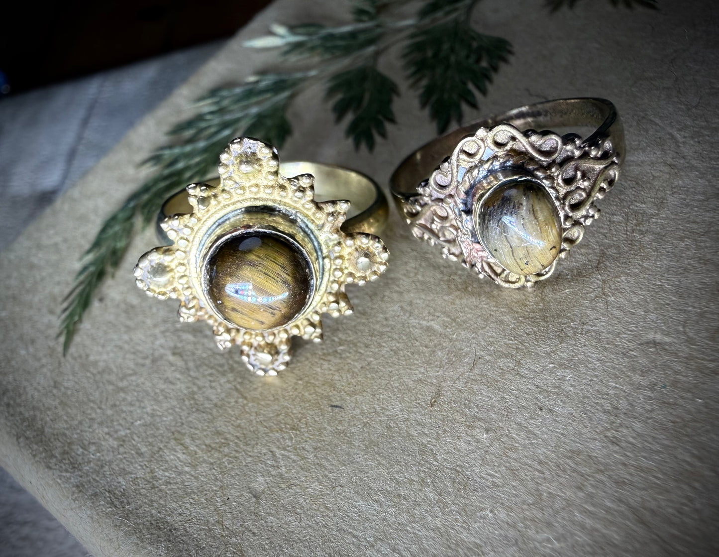 x2 Tigers Eye Rings - Vintage Brass - Ceredigion Dreadlocks