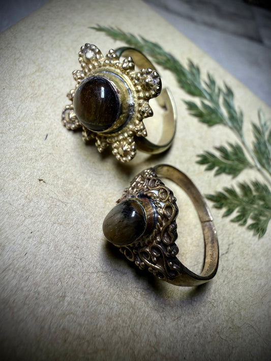 x2 Tigers Eye Rings - Vintage Brass - Ceredigion Dreadlocks