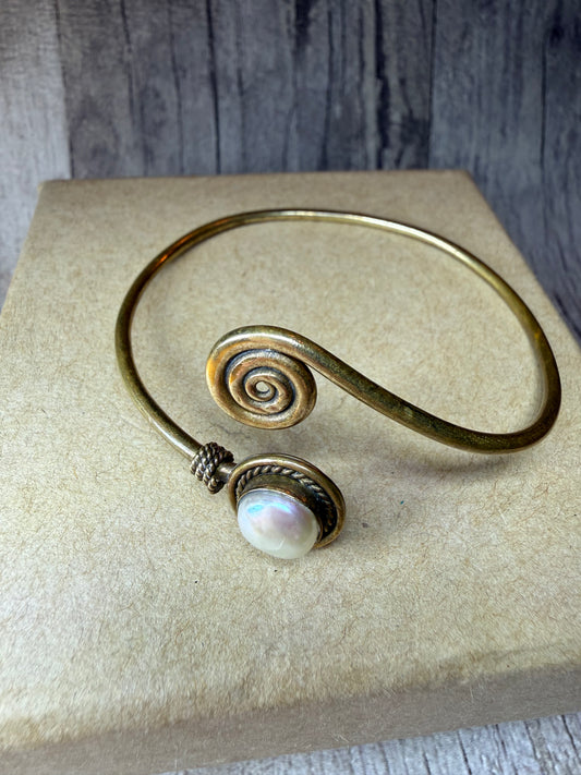 Brass Bangle with Spiral & Pearl - Ceredigion Dreadlocks