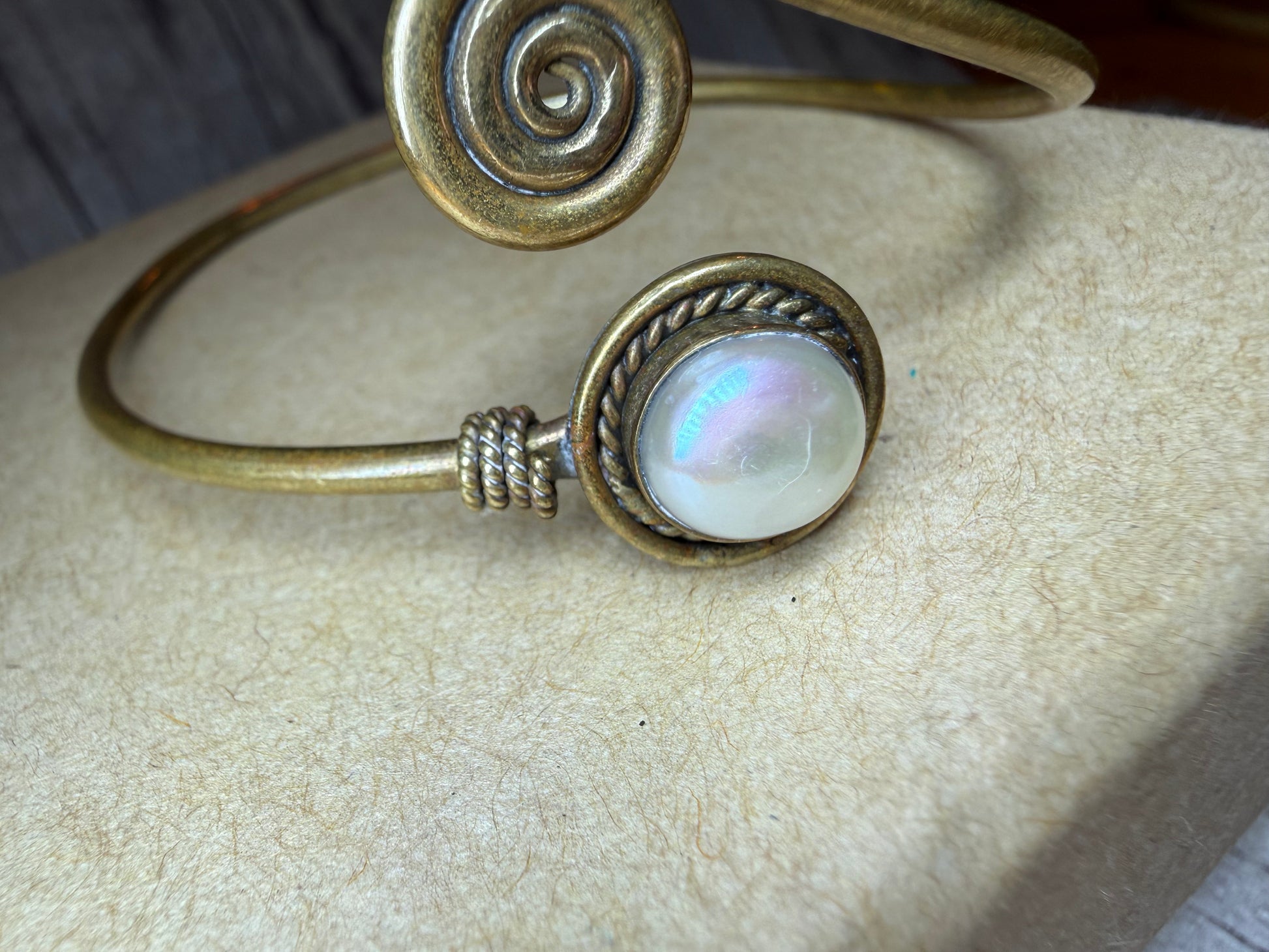Brass Bangle with Spiral & Pearl - Ceredigion Dreadlocks