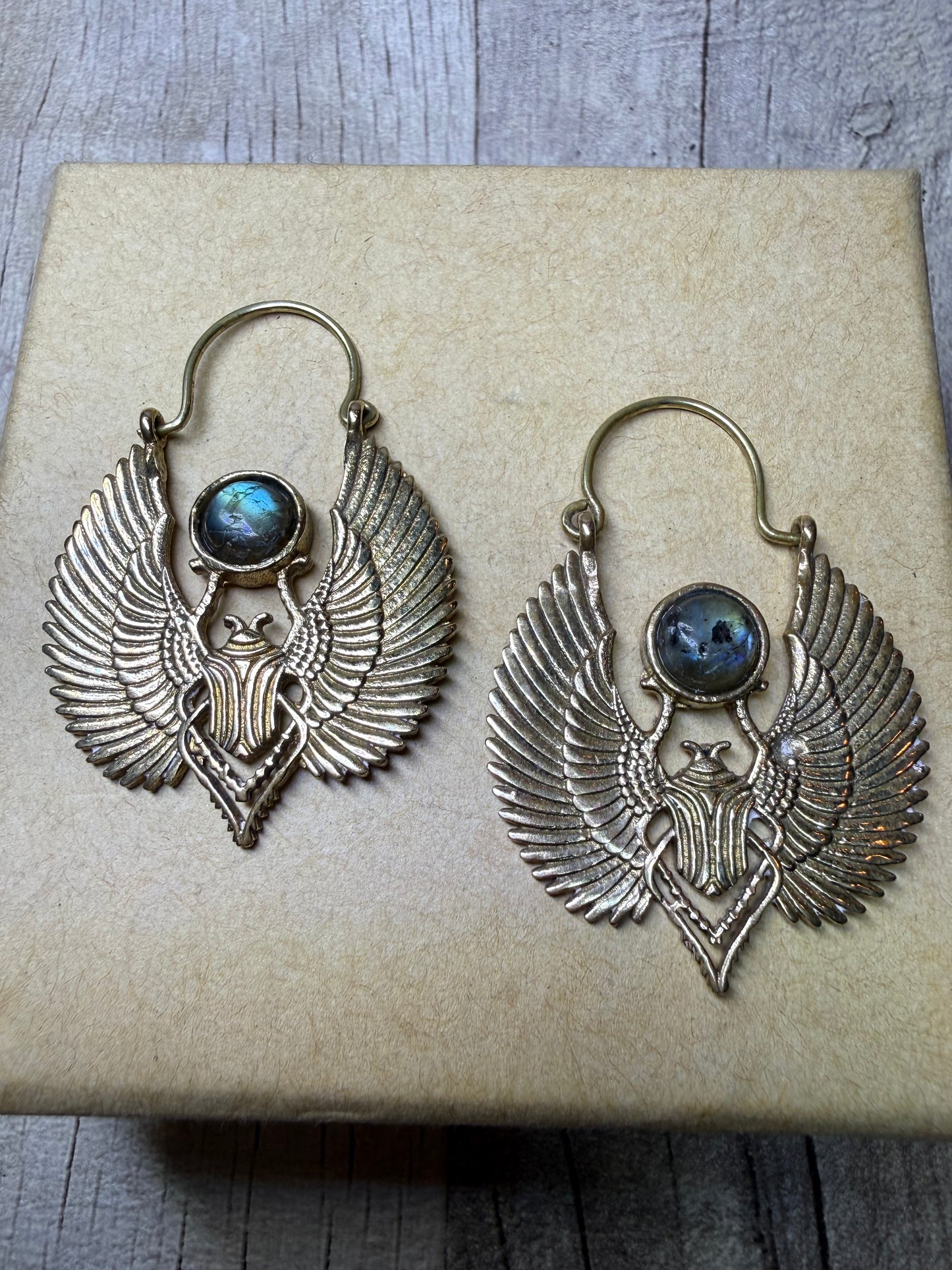 Egyptian Brass Earrings - Labradorite - Ceredigion Dreadlocks