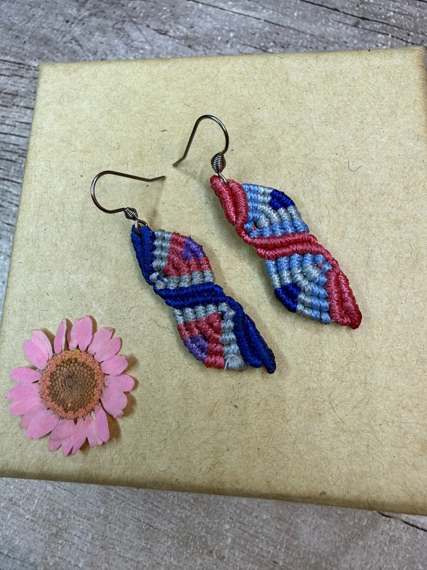 Blue & Pink Macrame Hoop Earrings