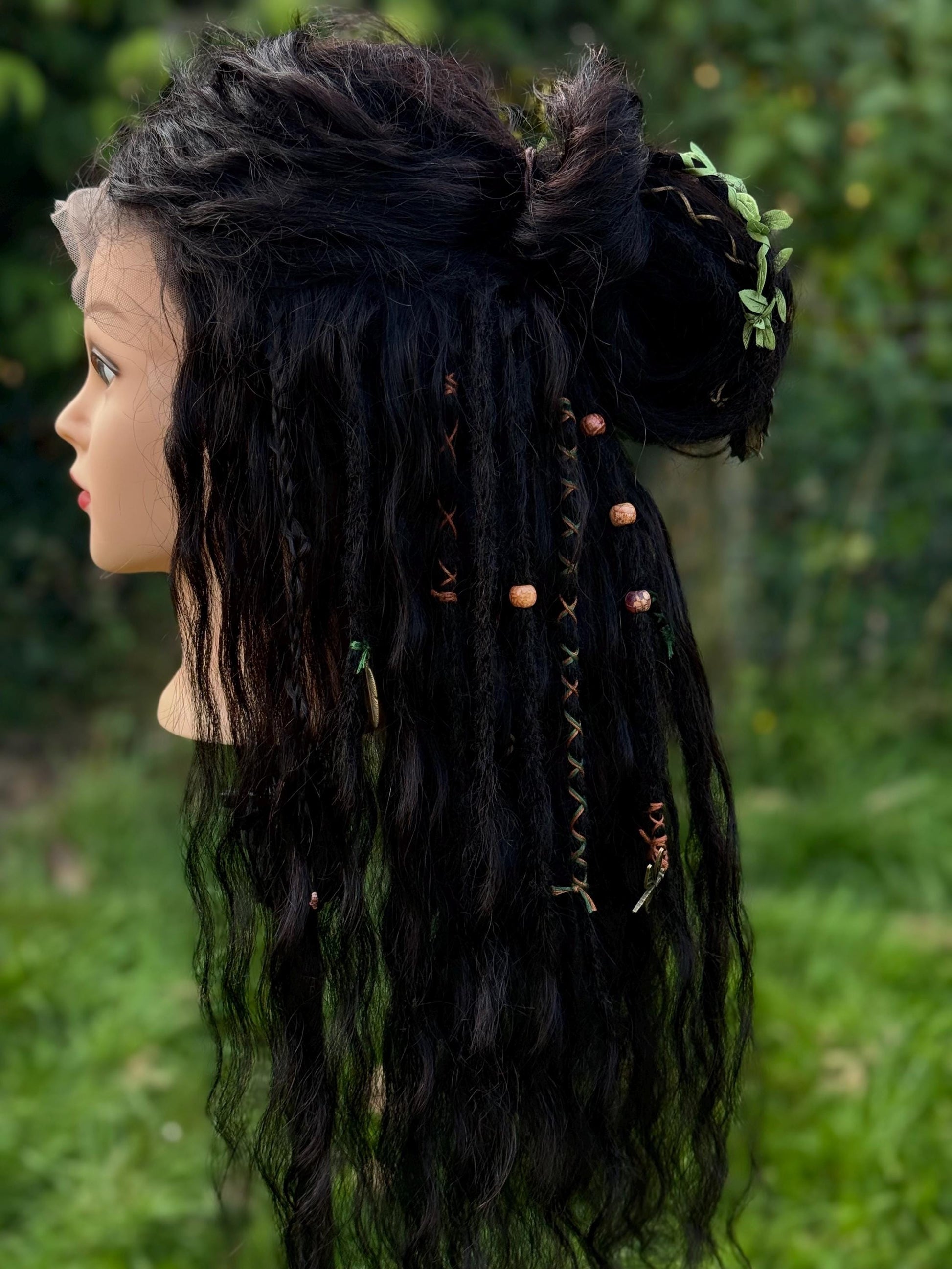 Lace Front Wig #1B 100% Human Hair With Dreadlocks Decorated Wavy Curly